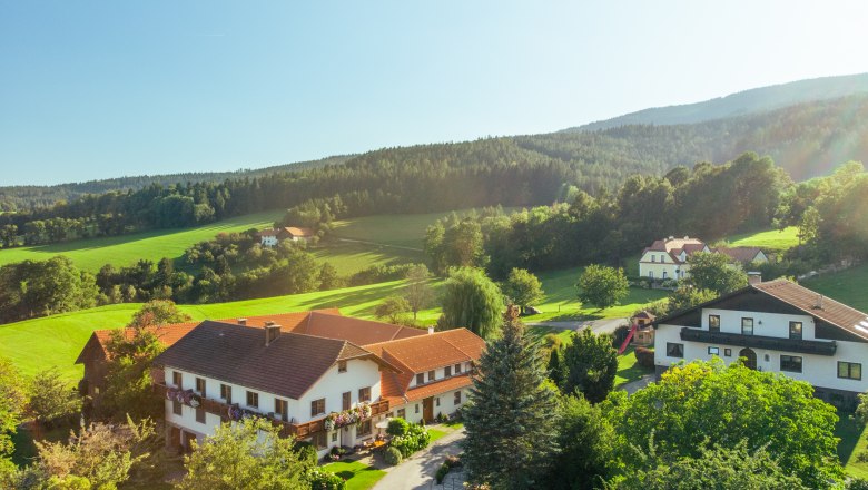 Pohled na dům, © Wiener Alpen / Martin Fülöp Venkovská krajina s domy, loukami a lesem v pozadí.