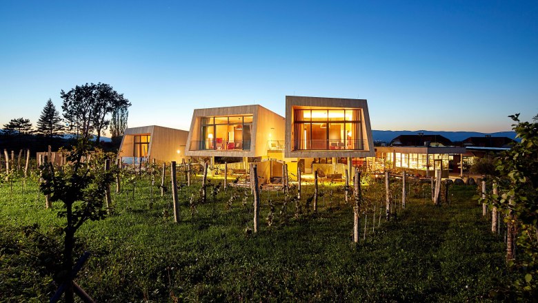 Zahradní lofty v Guntrams Estate, © Herbert Lehmann Moderní zahradní lofty v Gut Guntrams za soumraku, obklopené vinnou révou.