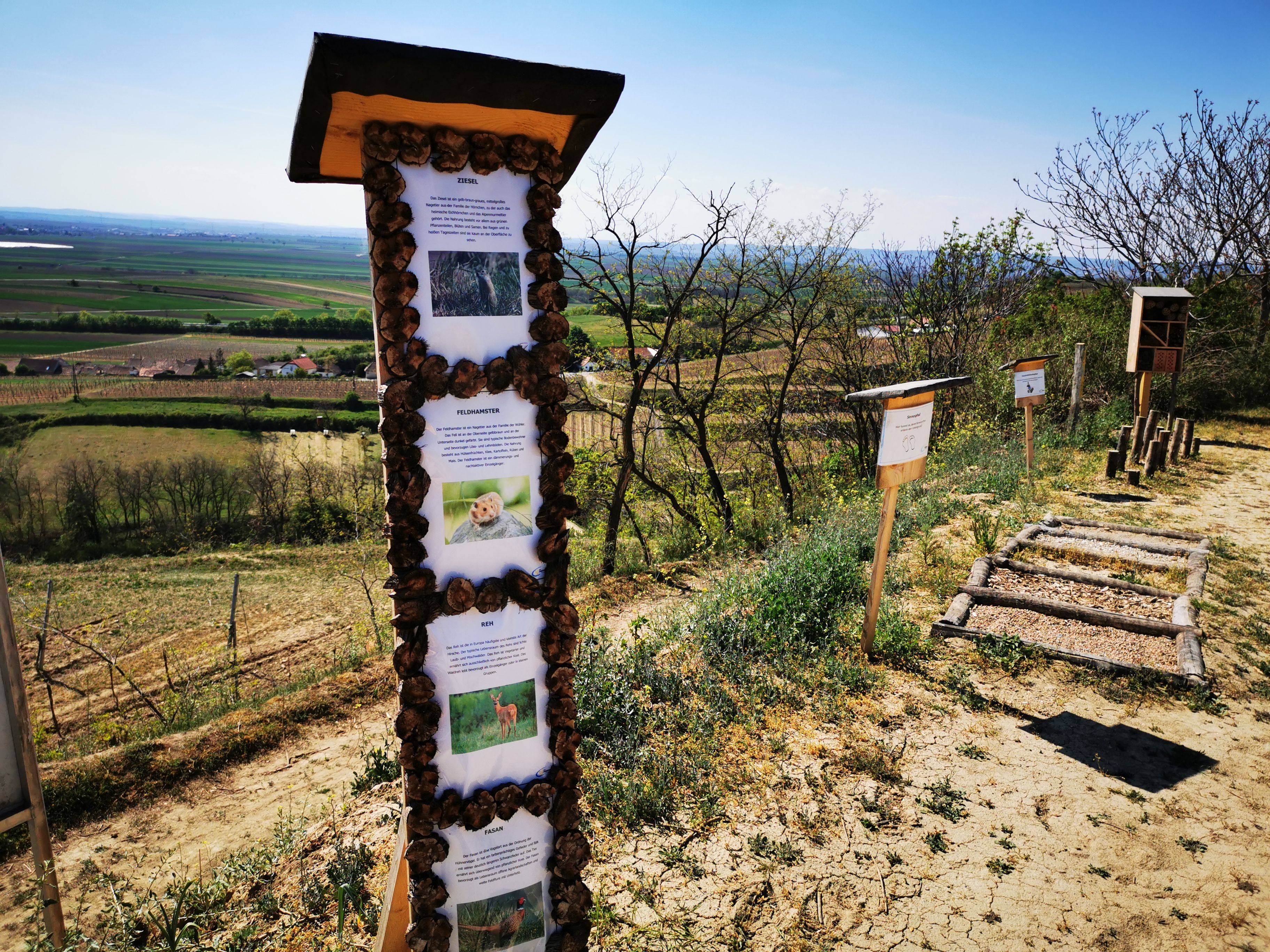 Naučná stezka s informačními tabulemi ve venkovské krajině.