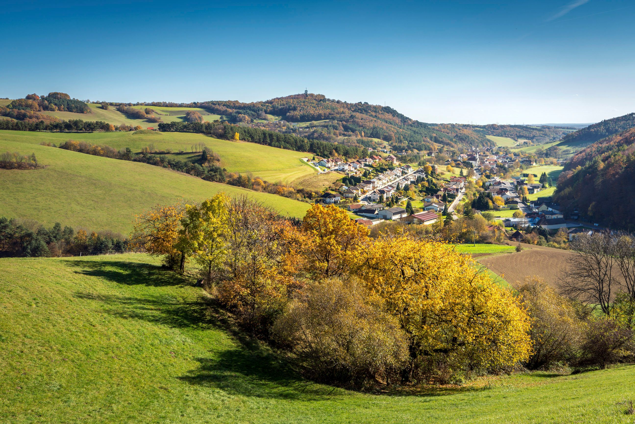 Podzimní krajina v oblasti Buckelige Welt se zelenými kopci a řekou Schwarzenbach v údolí. V pozadí kopec s rozhlednou