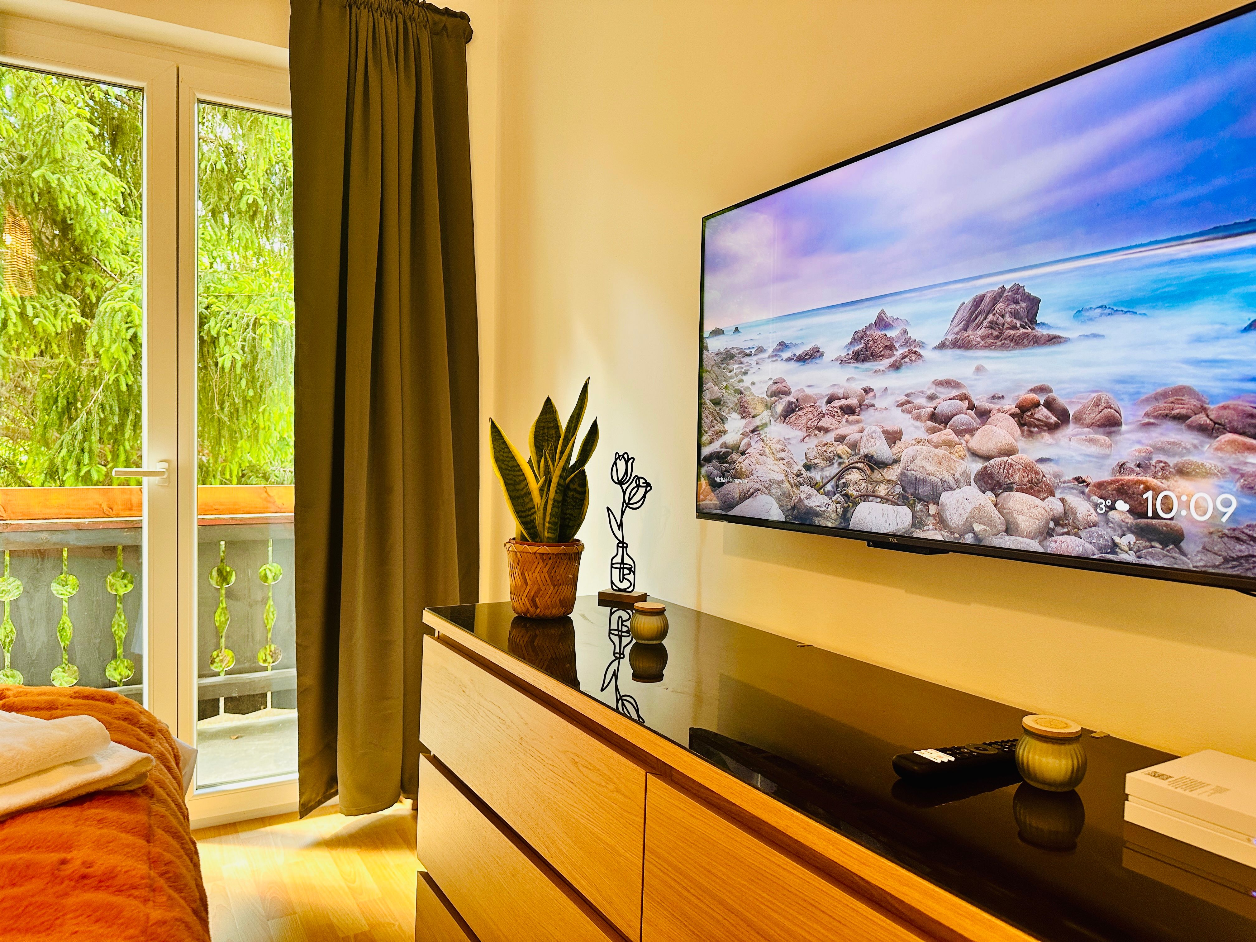 Útulný pokoj s TV, komodou, rostlinou a výhledem na balkon.