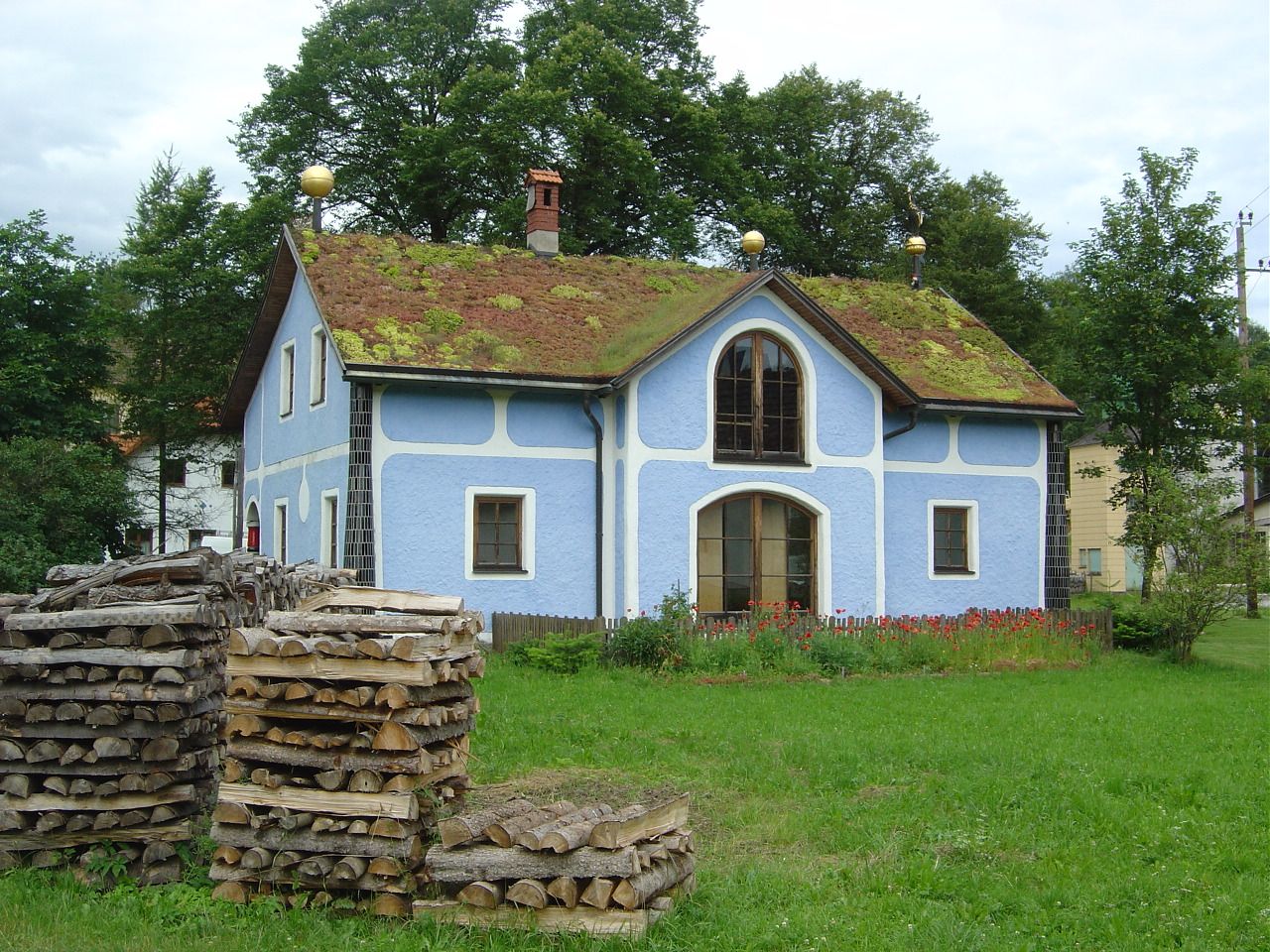 Modrý dům s travnatou střechou a hromadami dřeva v popředí.