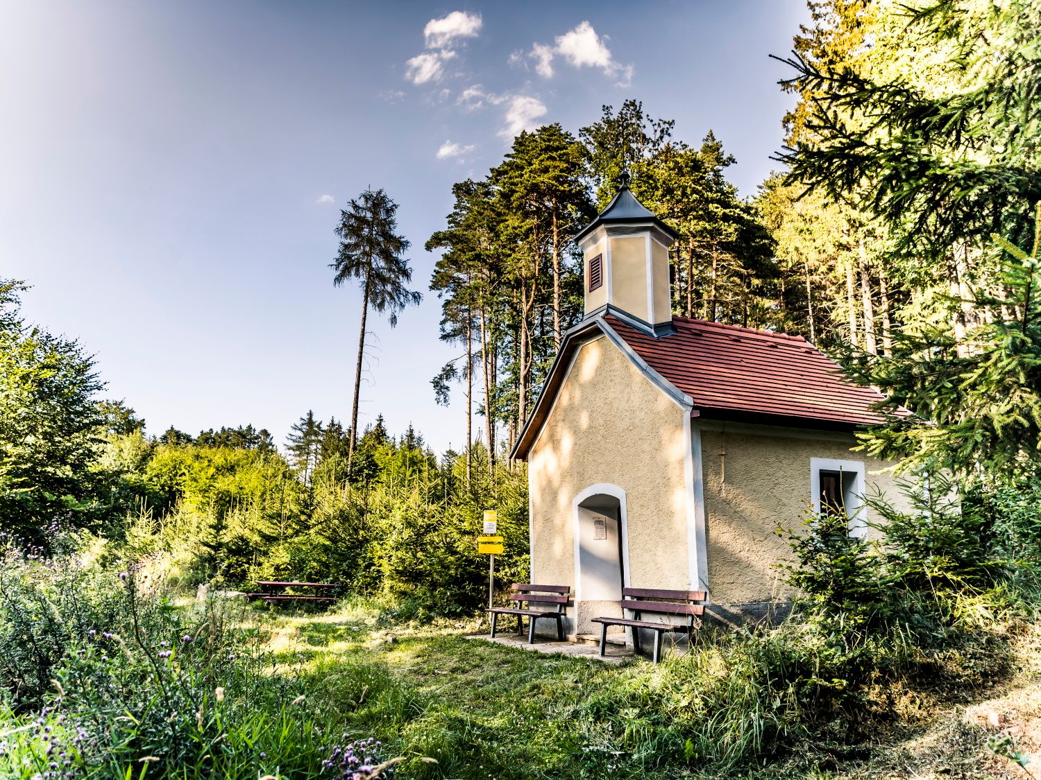 Malá kaple v lese s lavičkami před ní, obklopená stromy a loukou.
