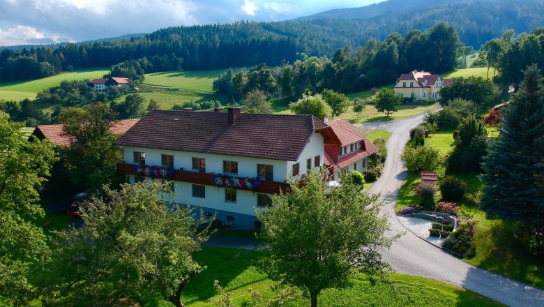 Venkovská krajina s velkým domem, obklopená stromy a loukami, pod zataženou oblohou.