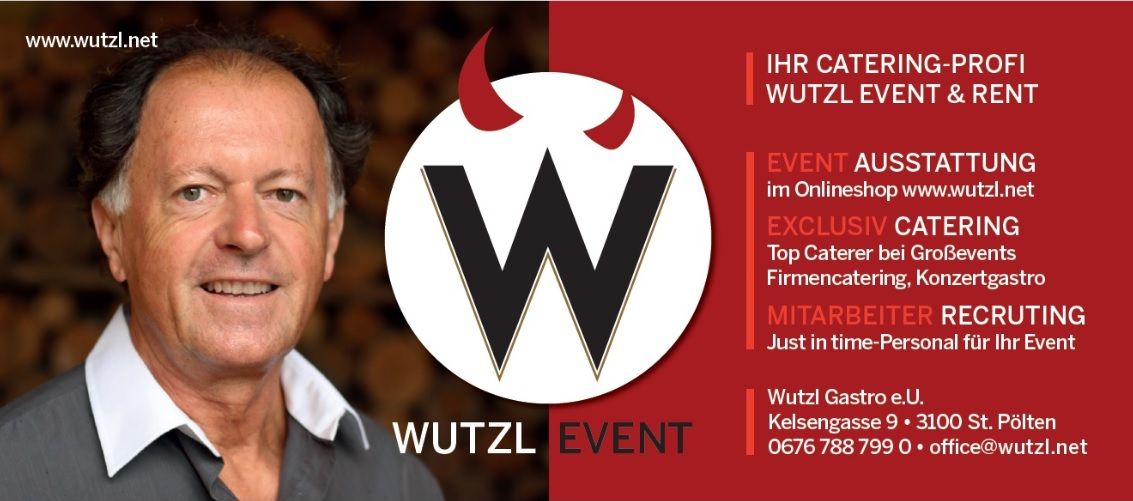 Reklama na Wutzl Event s fotografií muže a informacemi o společnosti.