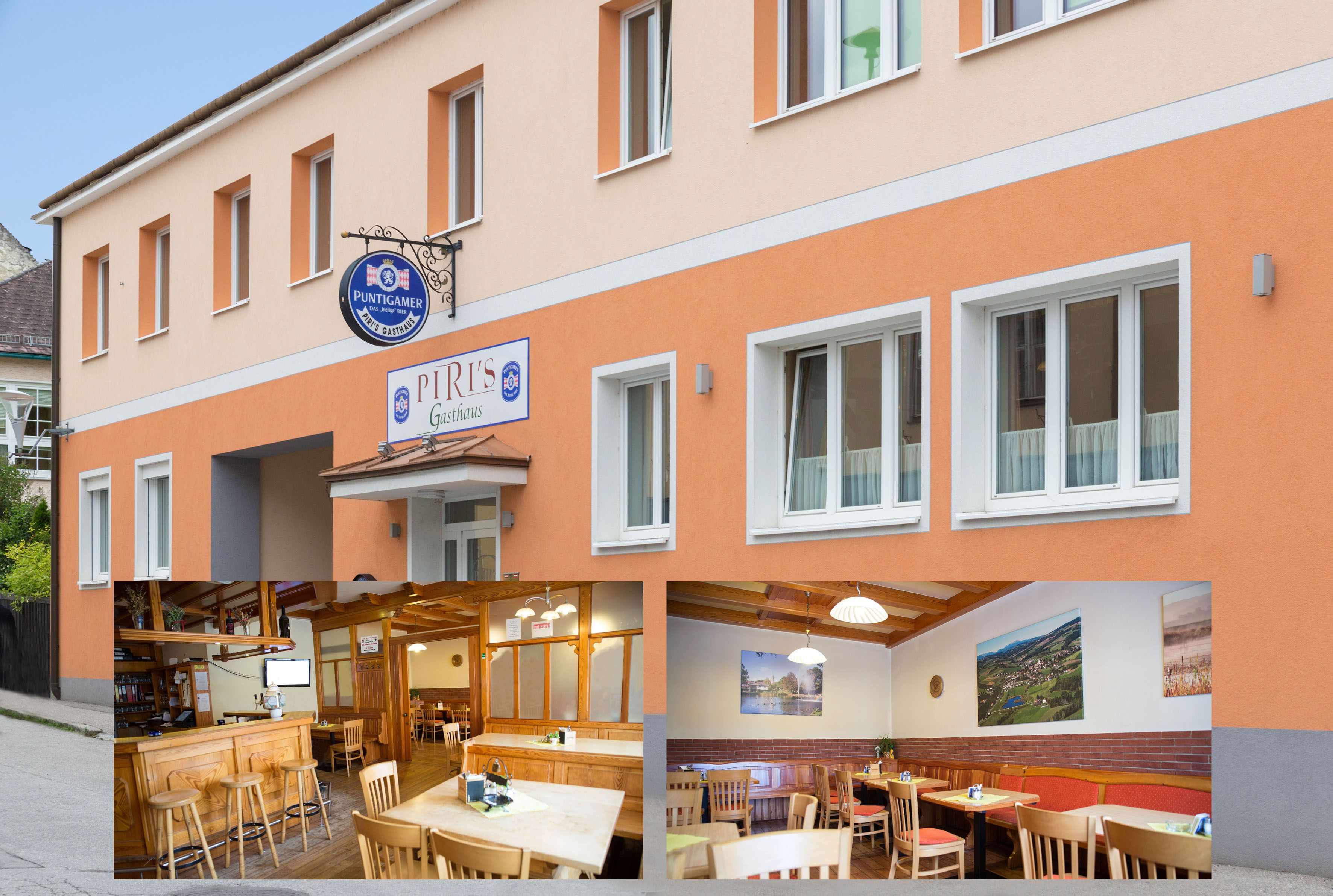 Pohled zvenčí na Piri's Gasthaus a pohled do interiéru restaurace.