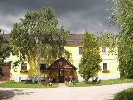 Žlutý dům s dřevěnou střechou a zahradou, obklopený stromy.