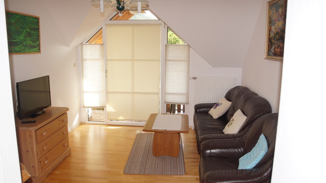 Obývací pokoj s koženou pohovkou, dřevěným stolem, komodou a TV. Okna se žaluziemi, obrazy na stěnách.