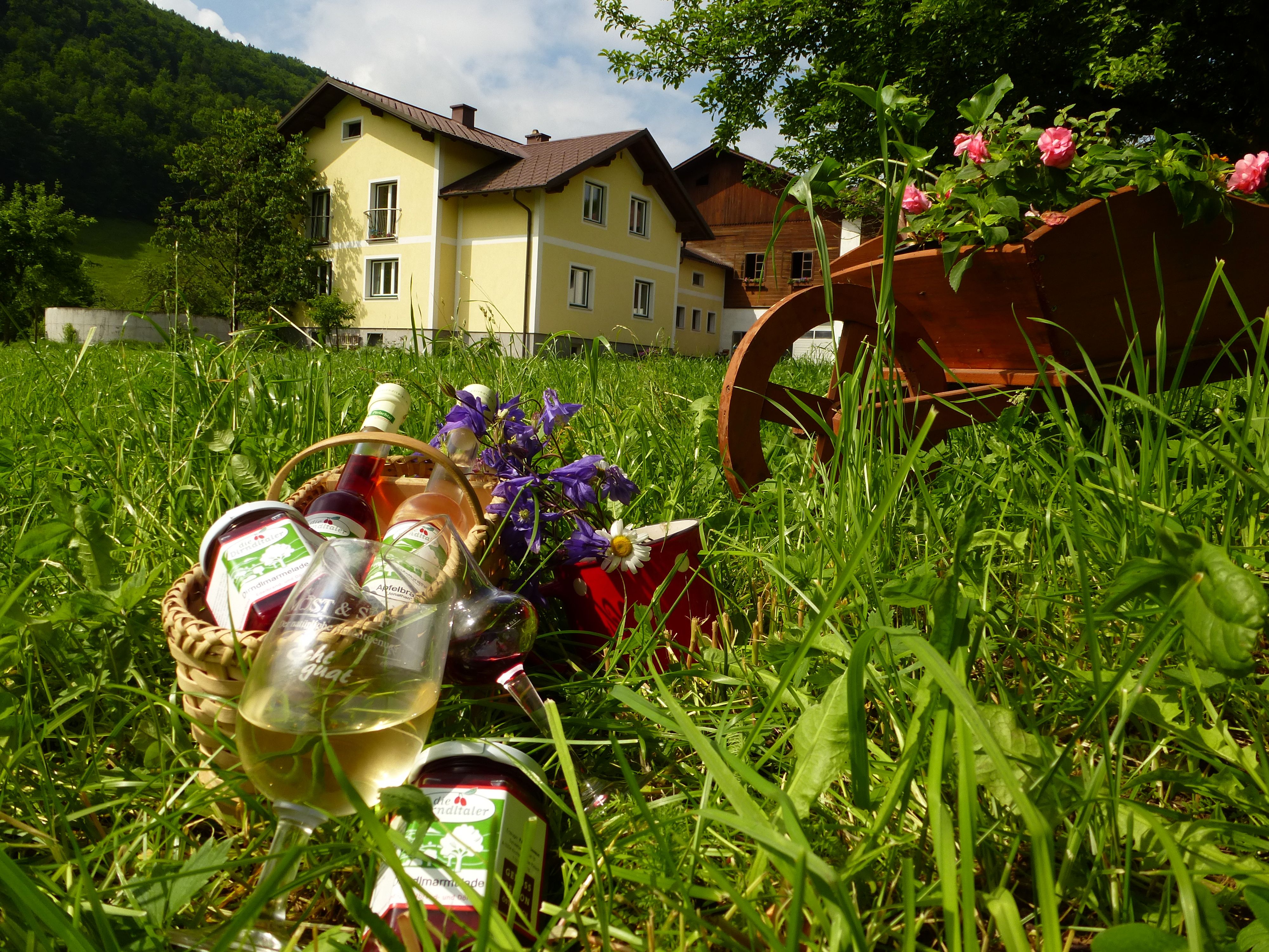 V pozadí žlutý statek, v popředí koš se sklenicemi a lahvemi na louce.