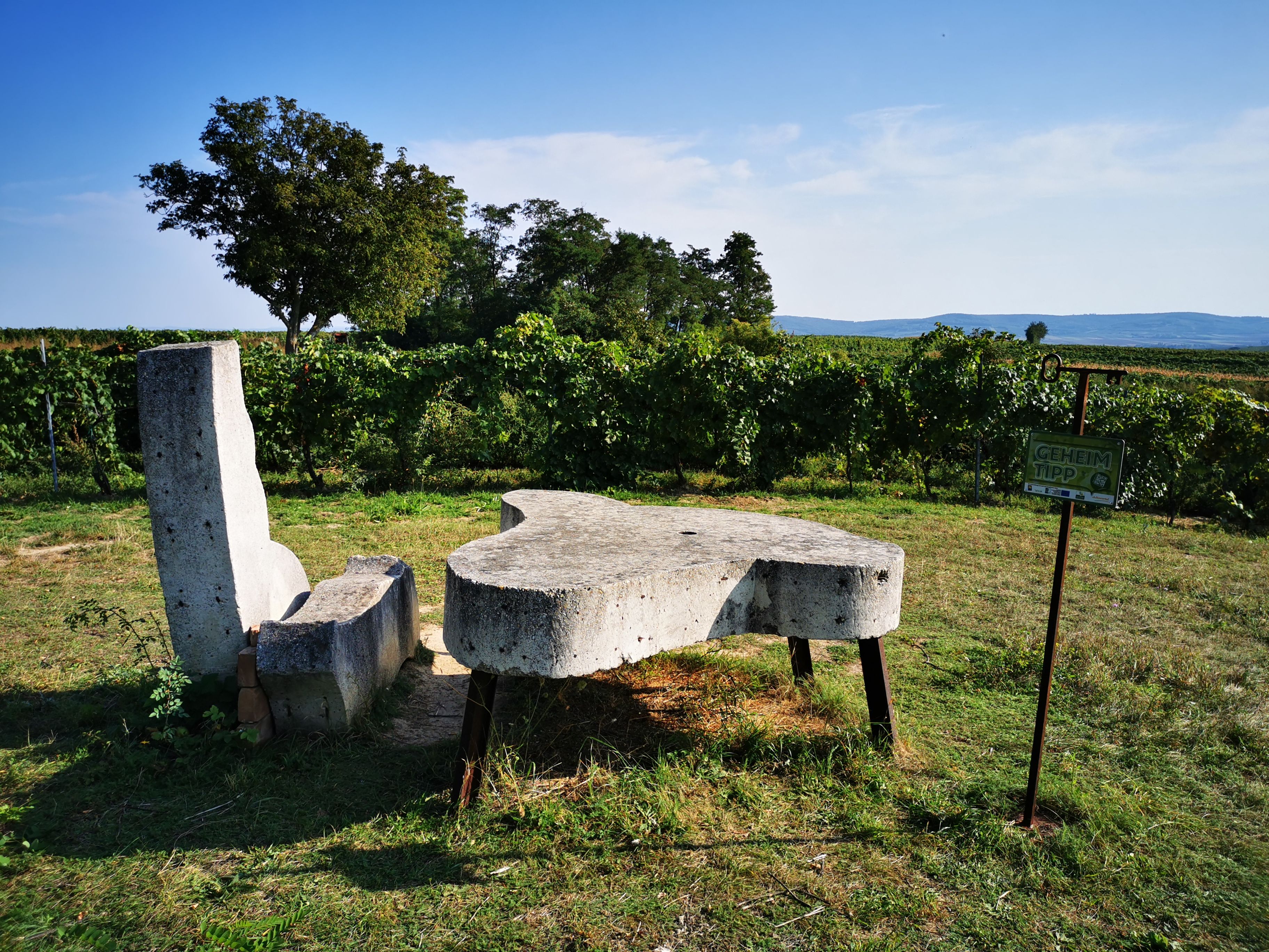 Kamenná lavička a stůl na vinici s nápisem "insider tip".