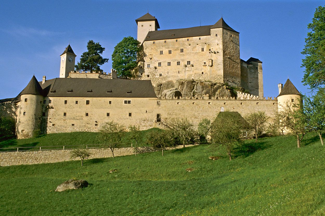 Hrad Rappottenstein na kopci se zelenou loukou v popředí.