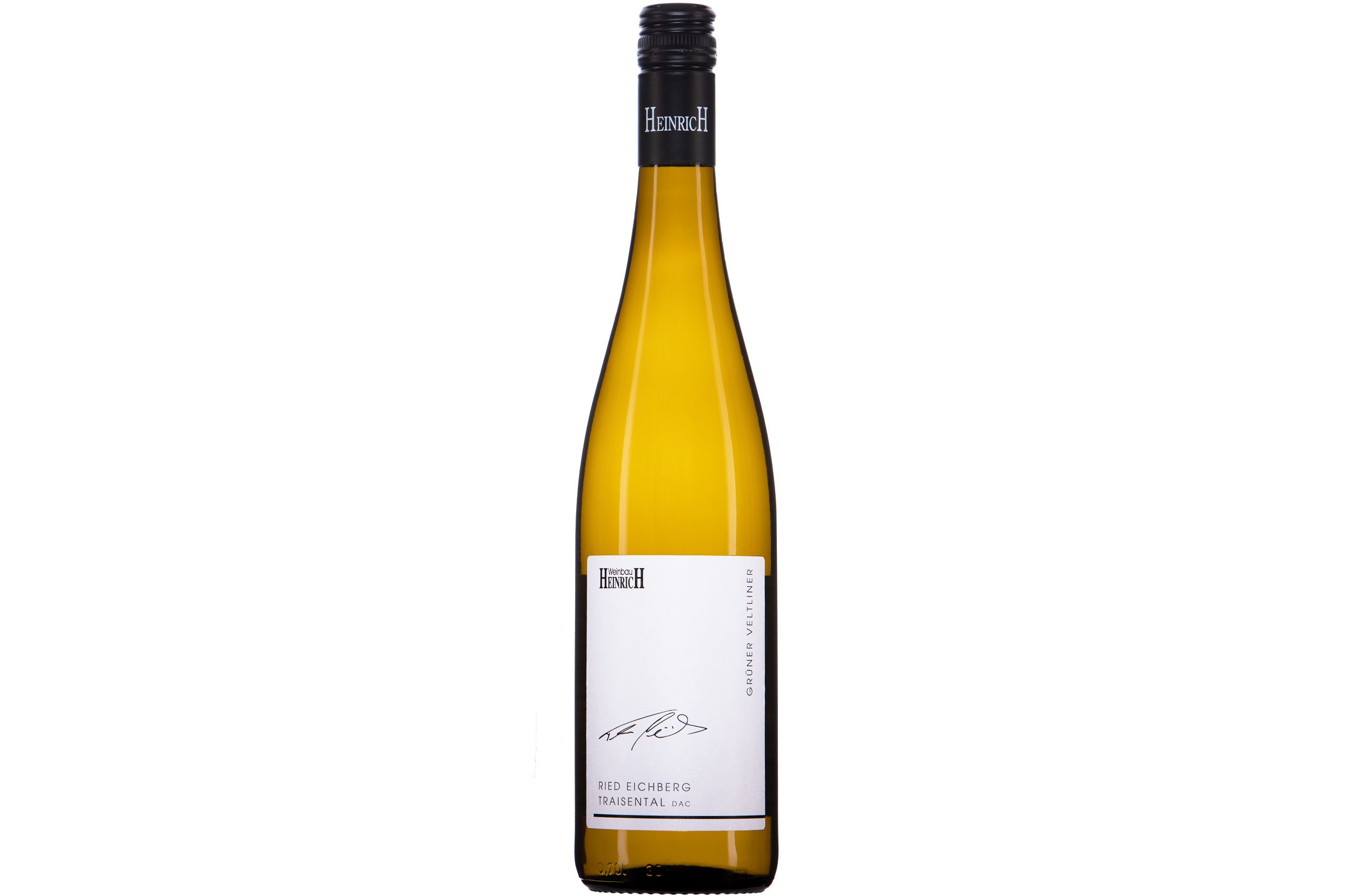 Láhev vína veltlínské zelené s etiketou z Weingut Heinrich.