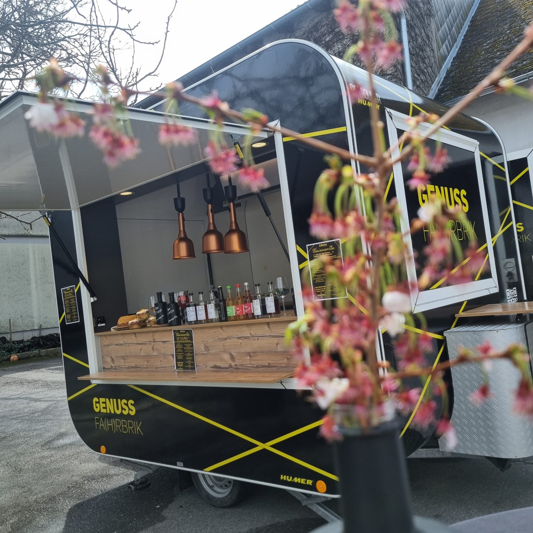 Venku parkuje černý kamion s nápisem "Genuss Fahrbrik". V popředí jsou vidět rozmazané květiny.