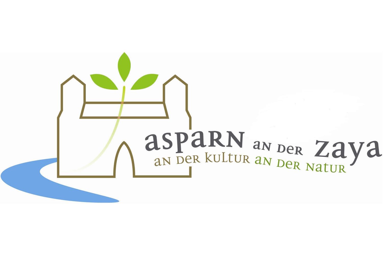 Logo Asparn an der Zaya se stylizovaným hradem a listem.
