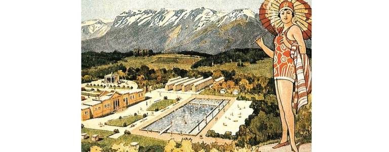Ilustrace venkovního bazénu s horami v pozadí a ženou v plavkách v popředí.