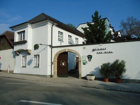 Vstupní brána do vinařství Kas-Nigl s bílou fasádou a rostlinami.