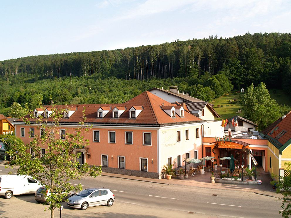 Pohled zvenčí na hotel s terasou a okolním lesem.
