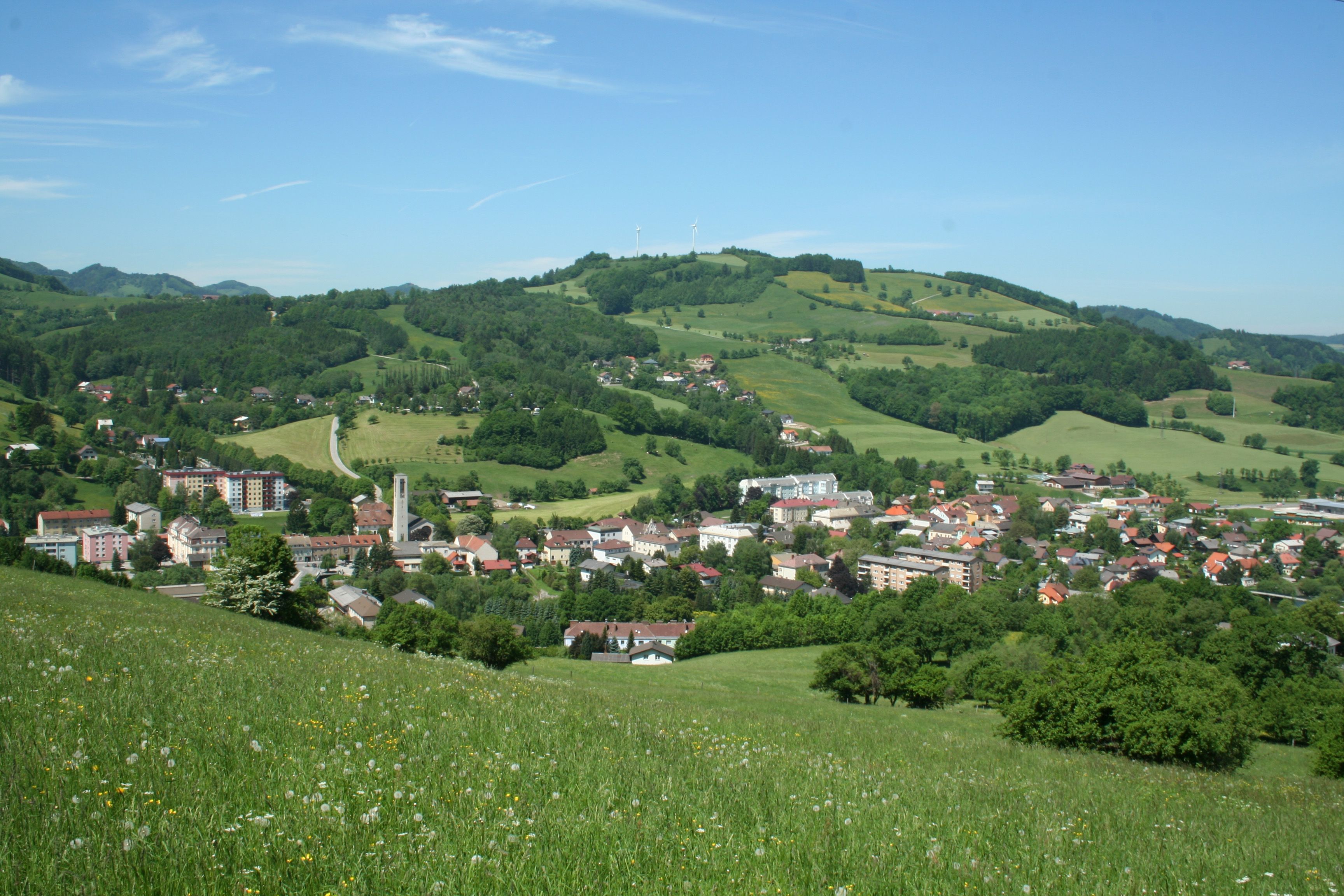 Panoramatický pohled na tržní město Traisen se zelenými kopci a větrnými turbínami v pozadí.