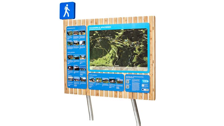Informační tabule turistické stezky s mapou a informacemi.