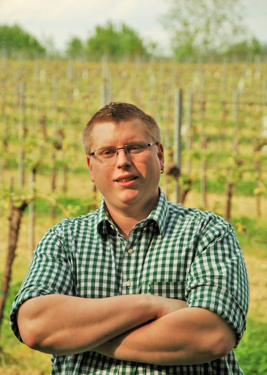 Muž v brýlích a kostkované košili stojí se založenýma rukama před vinicí.