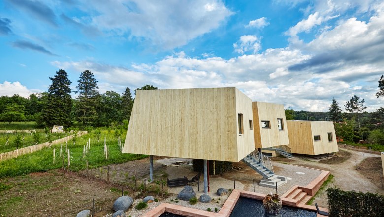 Moderní dřevěné zahradní lofty se schůdky, obklopené přírodou a rybníkem v popředí.