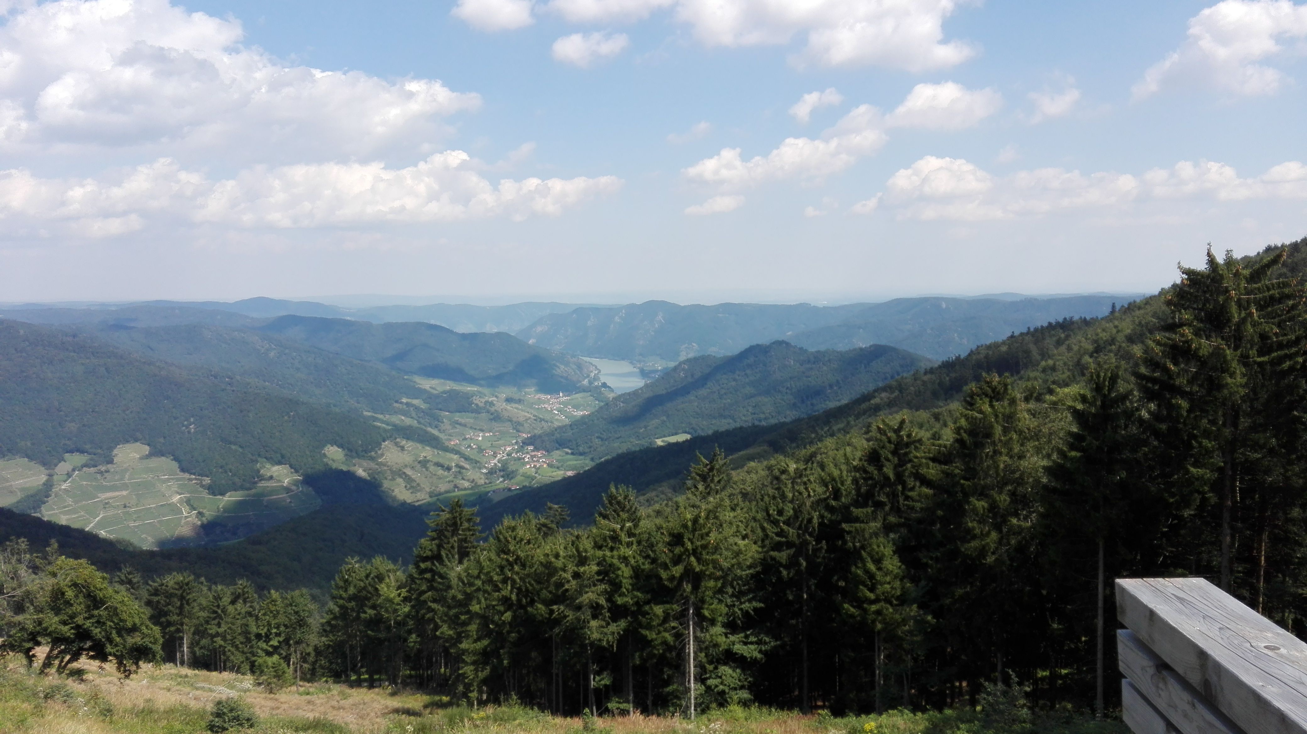 Panoramatický výhled na zalesněné kopce a údolí v přírodním parku Jauerling s modrou oblohou a mraky.