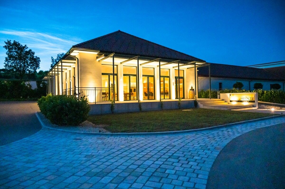 Moderní budova s prosklenými průčelími, osvětlená za soumraku, obklopená dlážděnou cestou a zelení.