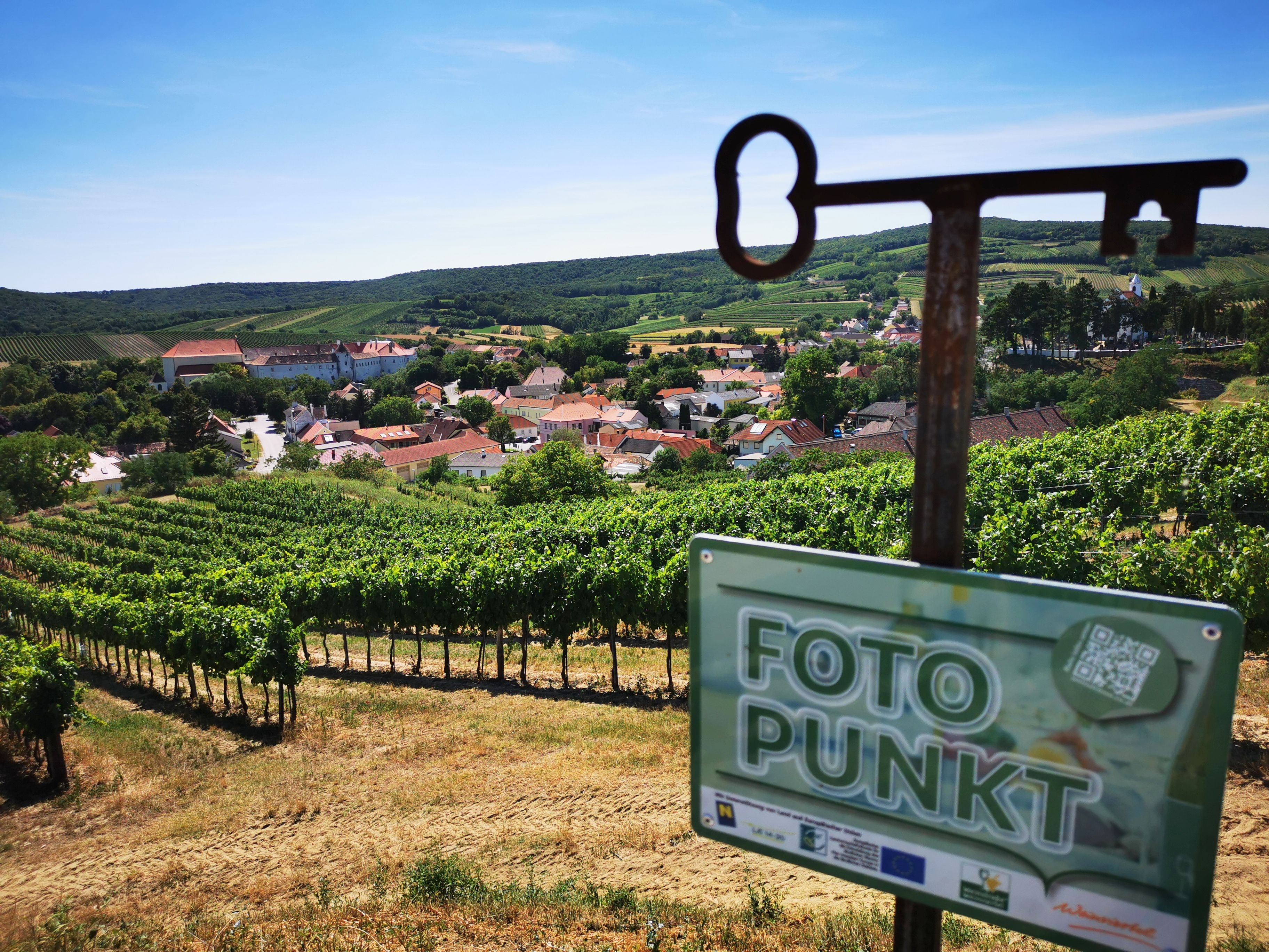 Pohled na vesnici obklopenou vinicemi s nápisem "photo point" v popředí.