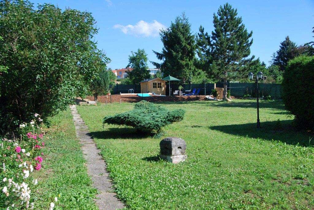 Zahrada s trávníkem, stromy a malou cestičkou vedoucí k dřevěnému domku.