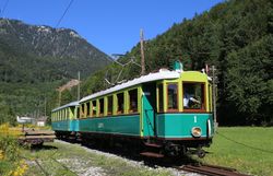 Schmalspurtriebwagen fährt auf einem Gleis durch eine sonnige Alpenlandschaft mit bewaldeten Hängen.