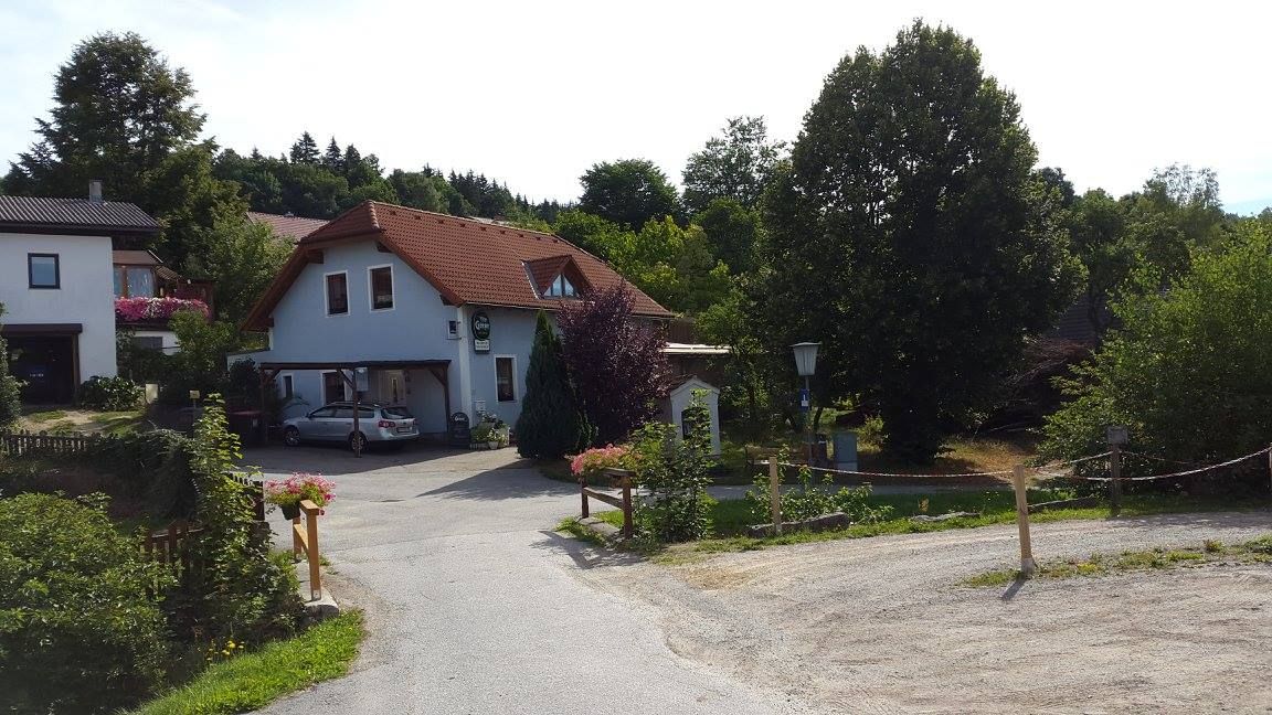 Bílý dům s červenou střechou, obklopený stromy a autem na dvoře.