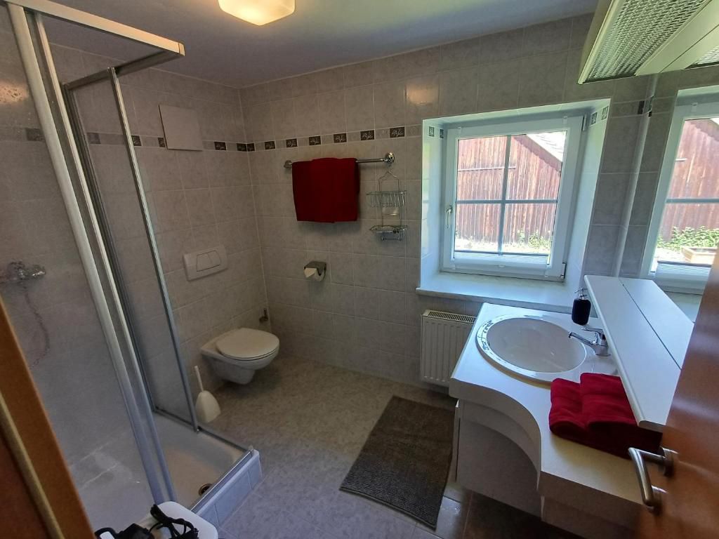 Moderní koupelna se sprchou, WC a umyvadlem.