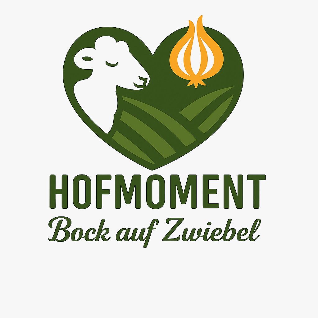 Logo s ovcí a cibulí v zeleném srdci, pod textem "Hofmoment Bock auf Zwiebel".