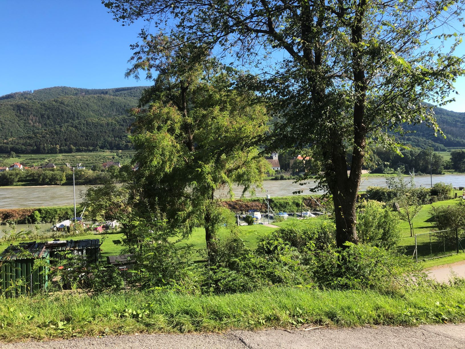 Krajina s Dunajem, stromy a loděmi v pozadí.