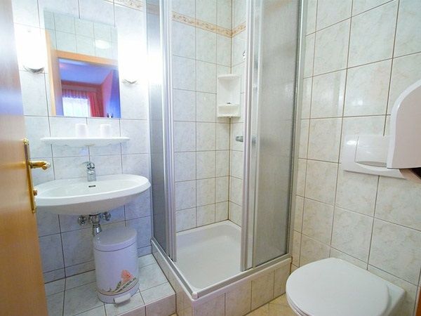 Malá koupelna se sprchou, umyvadlem a toaletou.