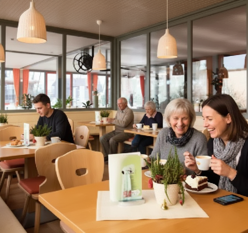 Lidé v kavárně pijí kávu a jedí dort.