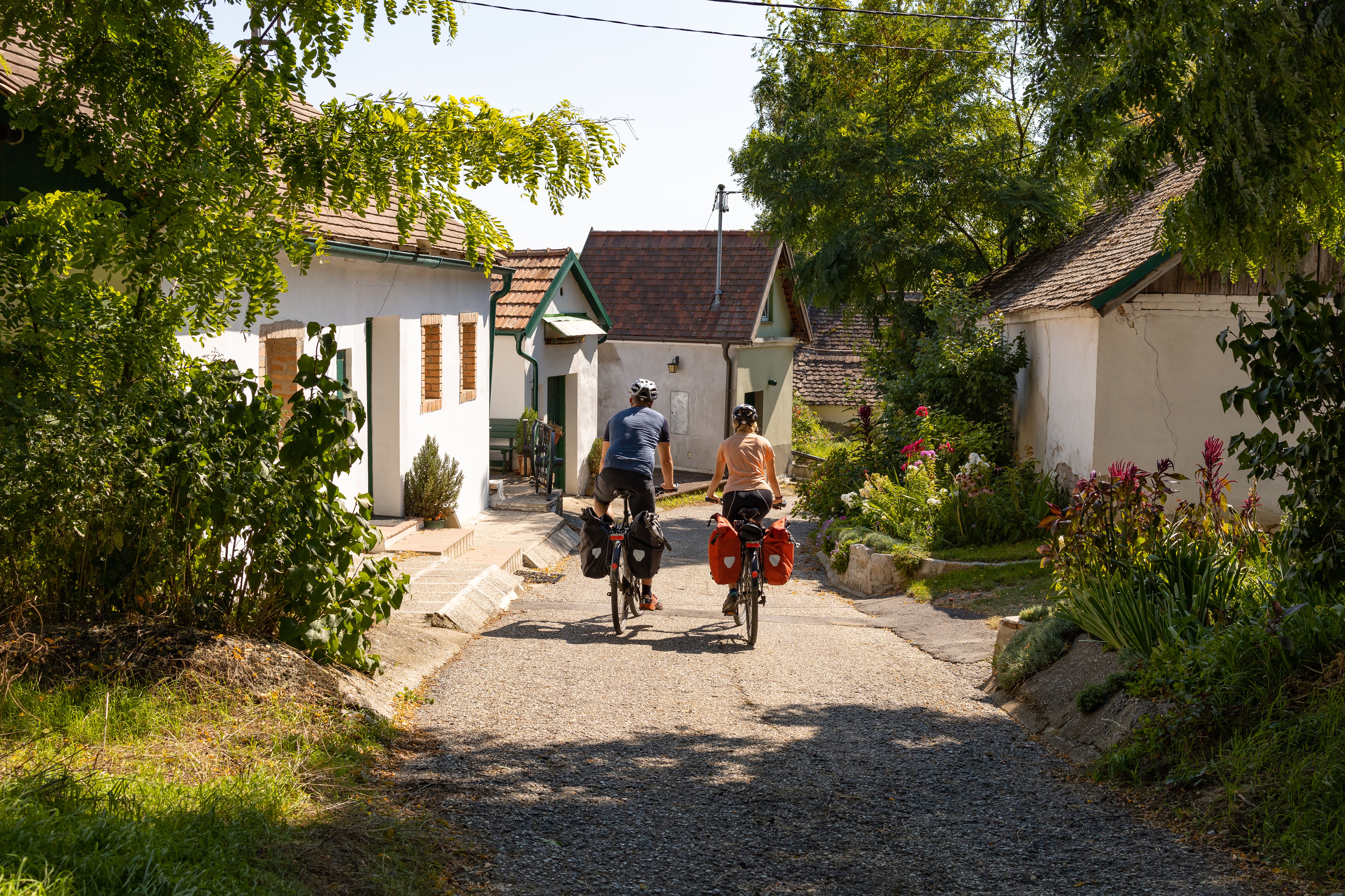 Sklepní uličky v Hadresu s bílými domy a vinicemi.
