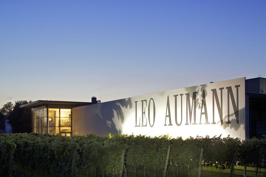 Budova s nápisem "Leo Aumann" za soumraku, obklopená vinnou révou.
