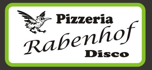 Logo pizzerie Rabenhof s ptákem a zeleným okrajem.