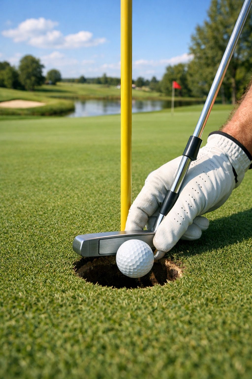 Golfista s rukavicí vkládá golfový míček do jamky na upraveném greenu se žlutou holí.