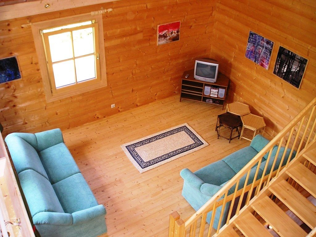 Dřevem obložený obývací pokoj se dvěma zelenými pohovkami, malou TV a kobercem na dřevěné podlaze.