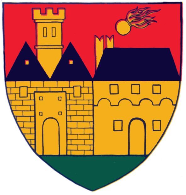 Erb Allentsteigu s hradem, věží a kometou na červeném pozadí.
