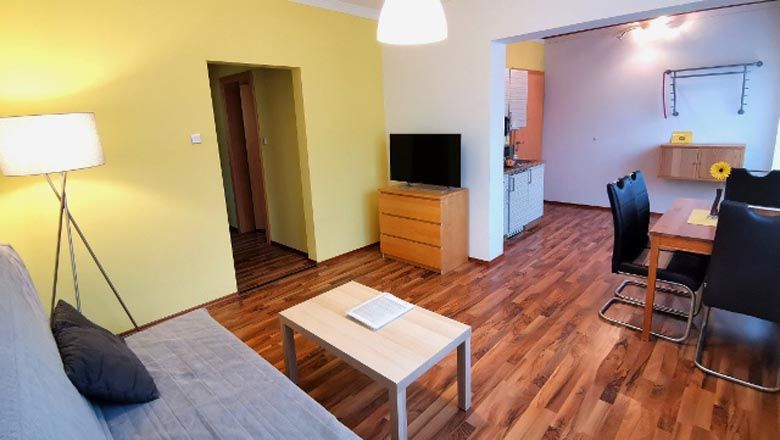 Moderní obývací pokoj s dřevěnou podlahou, pohovkou, stolem, TV a jídelním koutem.