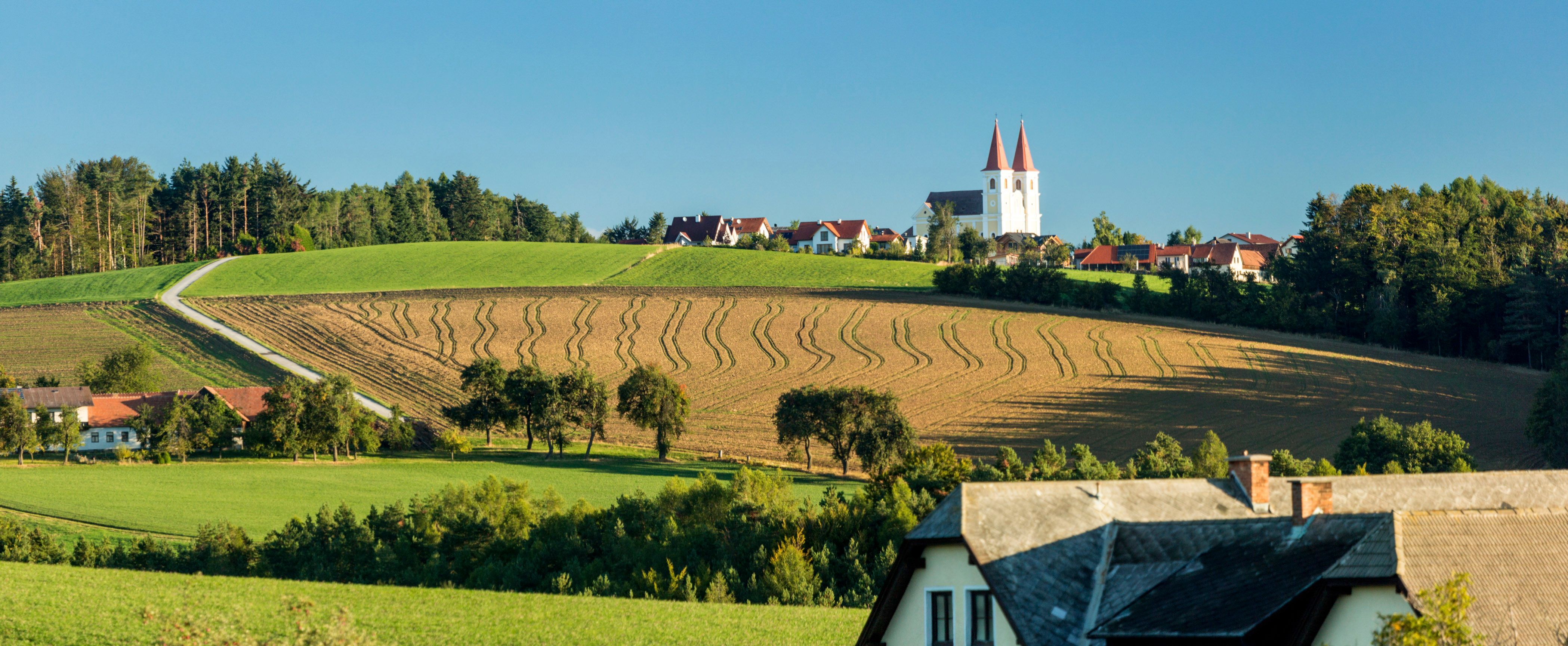 Krajina s vrcholky poutního kostela Maria Schnee a poli v Lichteneggu.
