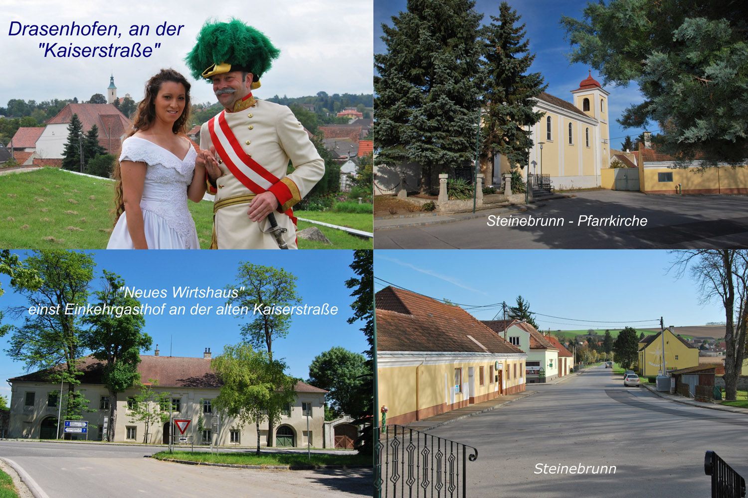 Koláž Drasenhofenu s lidmi v historických kostýmech, kostelem ve Steinebrunnu a starým hostincem.