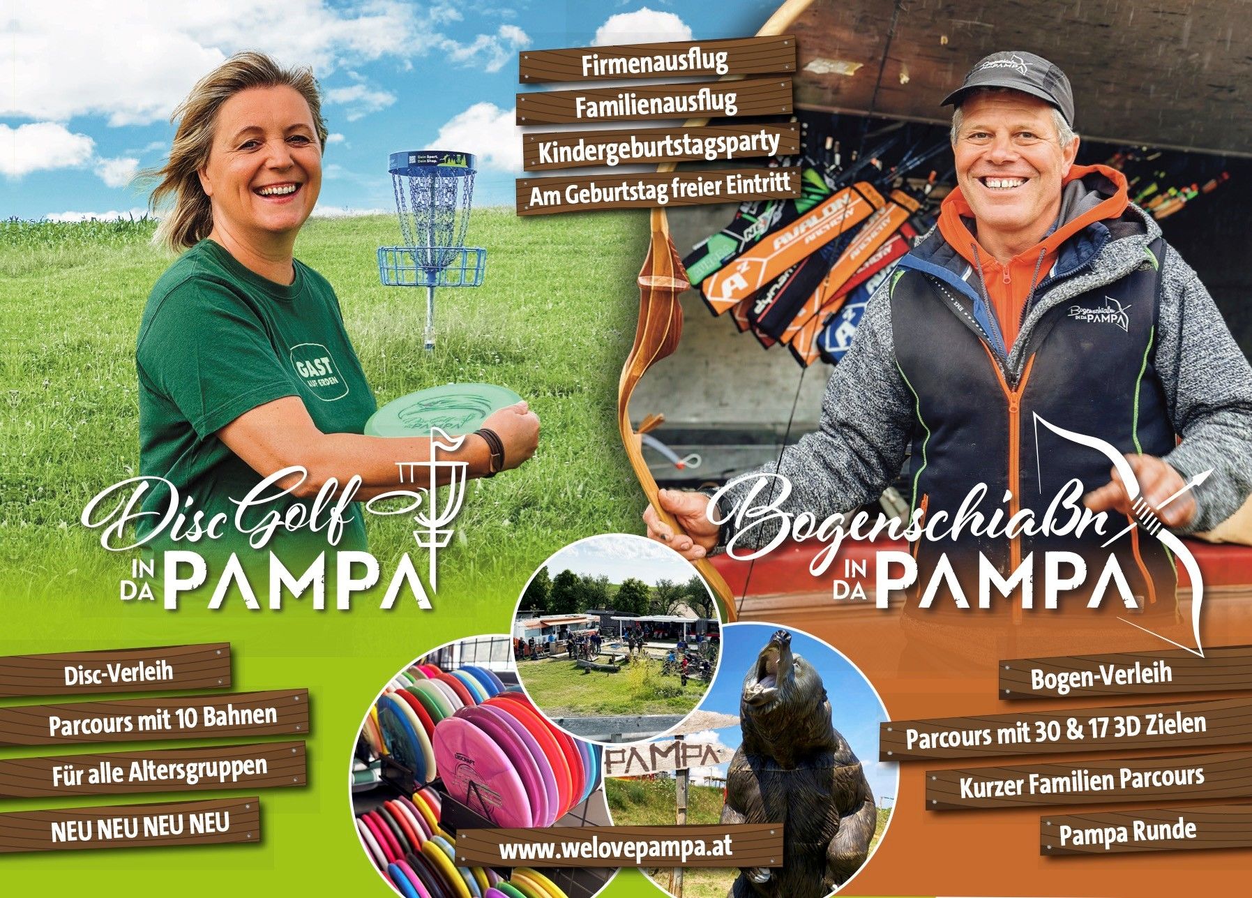 Leták na discgolf a lukostřelbu v Pampě s obrázky ženy s discgolfovým diskem a muže s lukem v ruce.