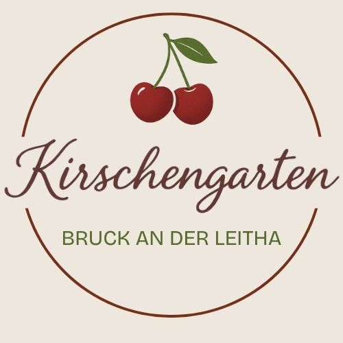 Logo se dvěma třešněmi a textem "Kirschengarten Bruck an der Leitha".