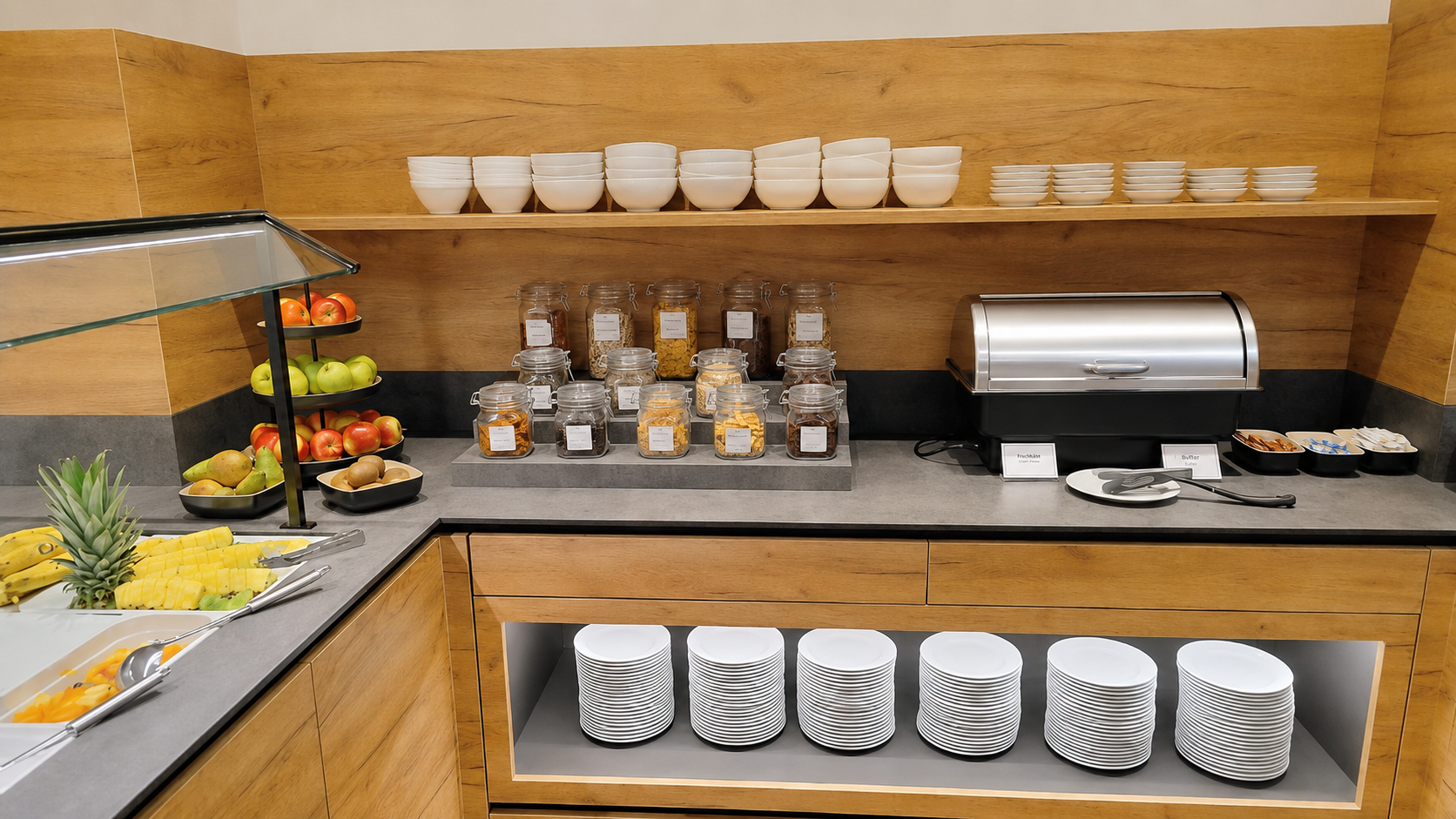 Snídaňový bufet s ovocem, müsli a nádobím v hotelové restauraci.