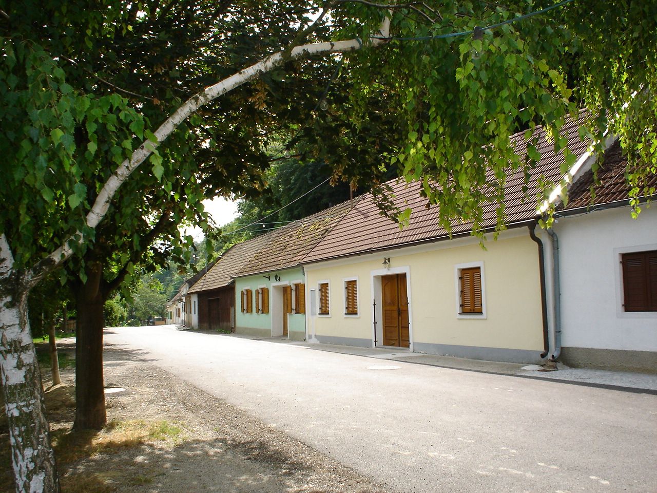 Klidná ulice s tradičními domy a stromy v sklepních uličkách Ahrenberger-Eichberger.