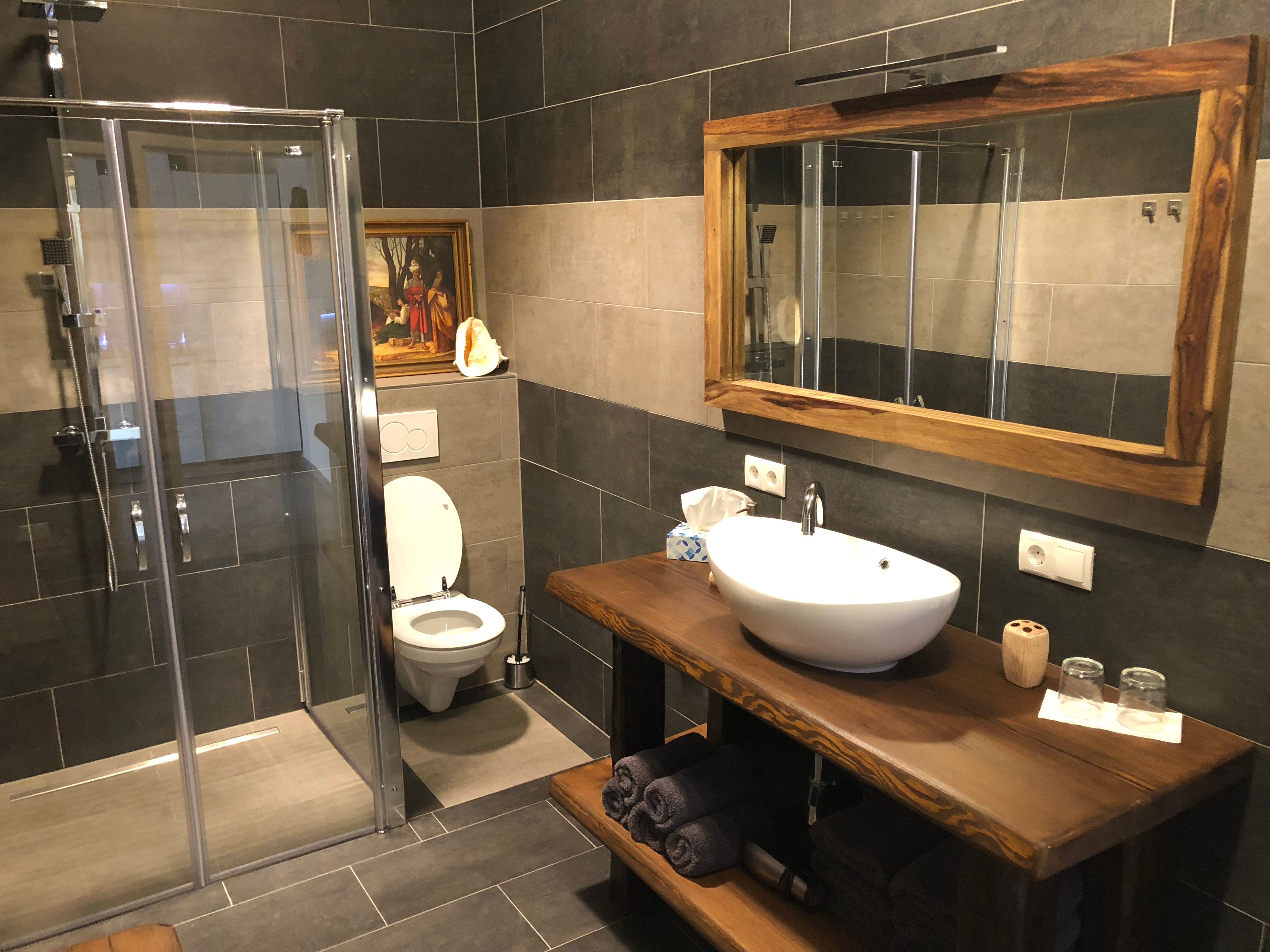 Moderní koupelna se sprchovým koutem, toaletou a umyvadlem.